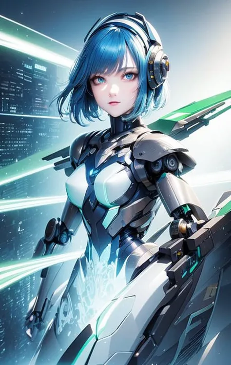 best quality ,masterpiece, illustration, an extremely delicate and beautiful, extremely detailed ,CG ,unity ,8k wallpaper, Amazing, finely detail, masterpiece,best quality,official art,extremely detailed CG unity 8k wallpaper,absurdres, incredibly absurdres, ultra-detailed, highres, extremely detailed,beautiful detailed girl,light on face, 1girl, mecha, armor, mechanical_body, (blue hair), green light, spaceship, city, cyberpunk, star_sky, <lora:Mecha:1>