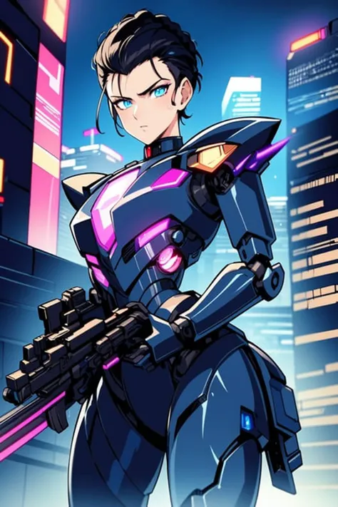 (masterpiece:1.2), (best quality:1.2), perfect eyes, perfect face, perfect lighting, 1girl, mature female, short hair, blac hair, pompadour cut, braids, mecha, black armor, gun, robot girl, mechanical body, detailed city background at night, neon lights, cyberpunk <lora:mecha_:1>