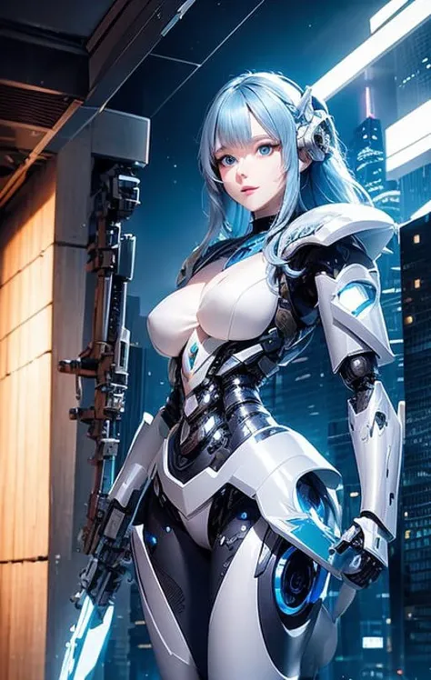 best quality ,masterpiece, illustration, an extremely delicate and beautiful, extremely detailed ,CG ,unity ,8k wallpaper, Amazing, finely detail, masterpiece,best quality,official art,extremely detailed CG unity 8k wallpaper,absurdres, incredibly absurdres, ultra-detailed, highres, extremely detailed,beautiful detailed girl,light on face, 1girl, mecha, armor, mechanical_body, blue hair, spaceship, city, cyberpunk, star_sky, <lora:Mecha:1>