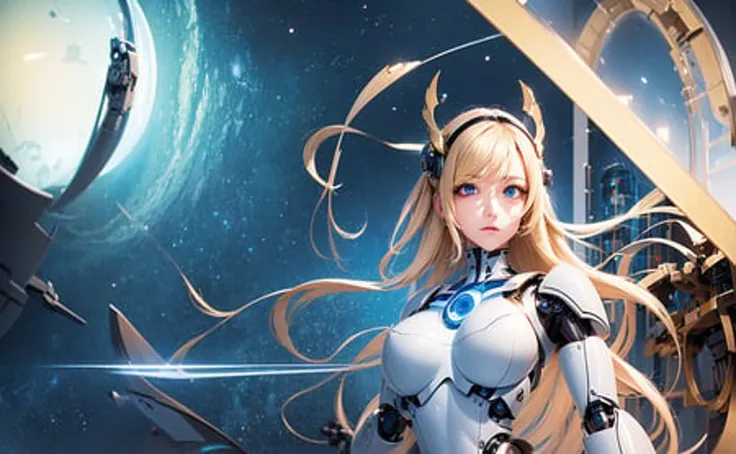 best quality ,masterpiece, illustration, an extremely delicate and beautiful, extremely detailed ,CG ,unity ,8k wallpaper, Amazing, finely detail, masterpiece,best quality,official art,extremely detailed CG unity 8k wallpaper,absurdres, incredibly absurdres, ultra-detailed, highres, extremely detailed,beautiful detailed girl, extremely detailed eyes and face, beautiful detailed eyes,light on face, 1girl, robot gril, mecha, breast, mechanical_body,bodysuit, window, spaceship, depth_of_field, blue, sunglasses,mask, floating_hair, armor, dark golden hair, water, lab,(outer space), star_sky, dusk, explore, circle, time machine, <lora:Mecha:1>
