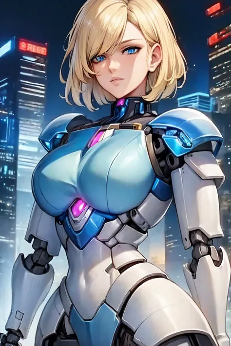 (masterpiece:1.2), (best quality:1.2), perfect eyes, perfect face, perfect lighting, 1girl, mature female, short hair, blonde hair, mecha, armor, robot girl, mechanical body, detailed city background, cyberpunk <lora:mecha_:1>