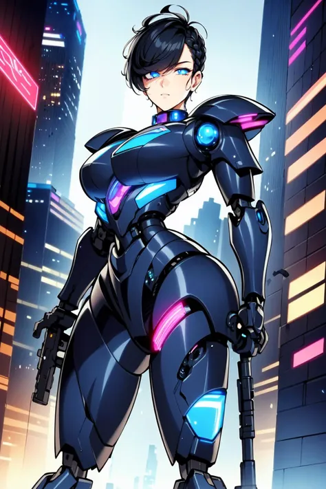 (masterpiece:1.2), (best quality:1.2), perfect eyes, perfect face, perfect lighting, 1girl, mature female, short hair, blac hair, pompadour cut, braids, mecha, black armor, gun, robot girl, mechanical body, detailed city background at night, neon lights, cyberpunk <lora:mecha_:1>