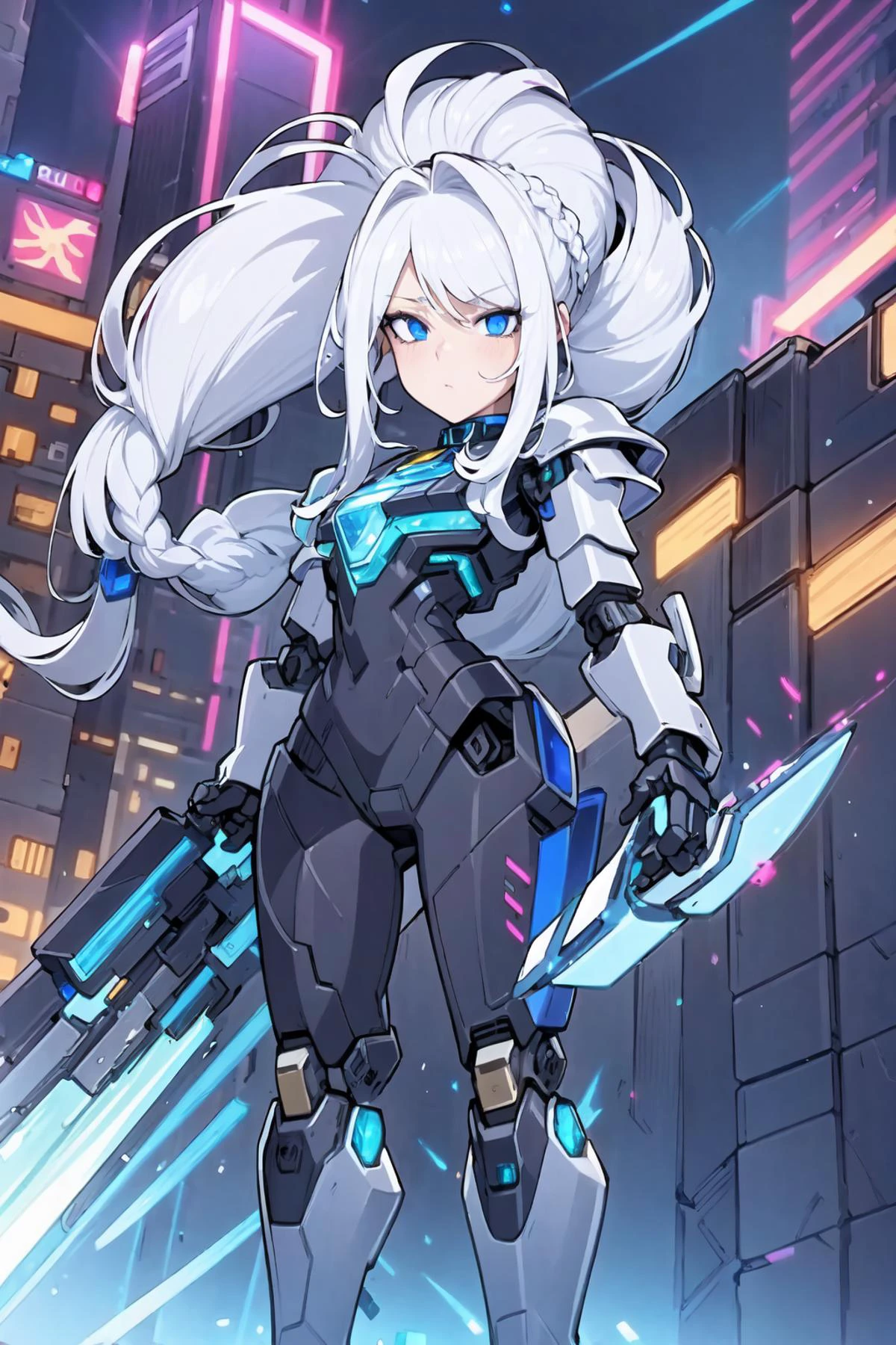 (masterpiece:1.2), (best quality:1.2), perfect eyes, perfect face, perfect lighting, 1girl, mature female, long hair, white hair, pompadour cut, braids, mecha, black armor, energy sword, robot girl, mechanical body, detailed city background at night, neon lights, cyberpunk <lora:mecha_:1>