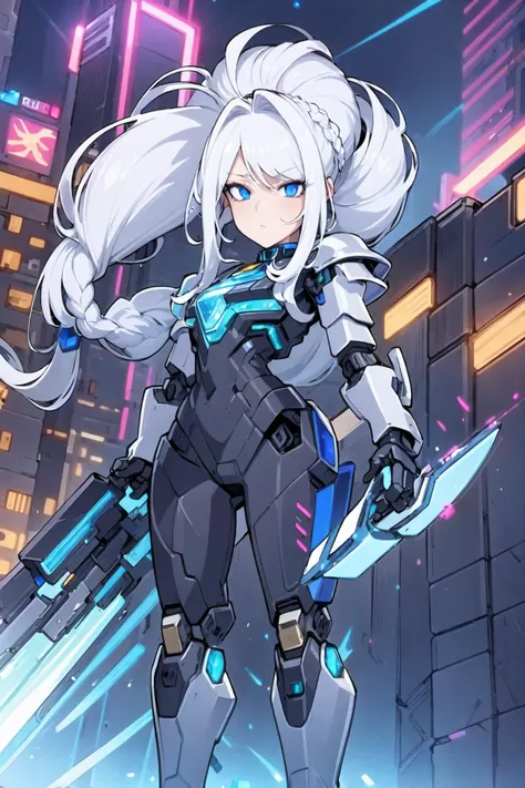 (masterpiece:1.2), (best quality:1.2), perfect eyes, perfect face, perfect lighting, 1girl, mature female, long hair, white hair, pompadour cut, braids, mecha, black armor, energy sword, robot girl, mechanical body, detailed city background at night, neon lights,  cyberpunk   <lora:mecha_:1>