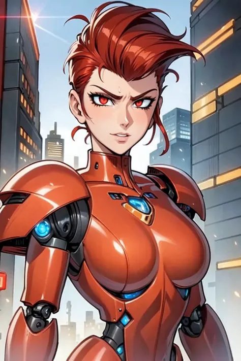 (masterpiece:1.2), (best quality:1.2), perfect eyes, perfect face, perfect lighting, 1girl, mature female, short hair, red hair, pompadour cut, mecha, black armor, robot girl, mechanical body, detailed city background, cyberpunk <lora:mecha_:1>