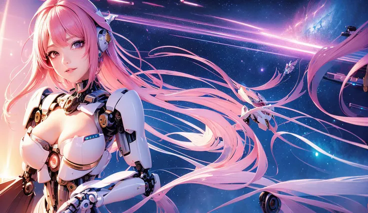 best quality ,masterpiece, illustration, an extremely delicate and beautiful, extremely detailed ,CG ,unity ,8k wallpaper, Amazing, finely detail, masterpiece,best quality,official art,extremely detailed CG unity 8k wallpaper,absurdres, incredibly absurdres, ultra-detailed, highres, extremely detailed, light on face, 2girl, robot, mecha, breast, mechanical_body, (pink hair), blue light, spaceship, city, star_sky, An interstellar war, <lora:Mecha:1>