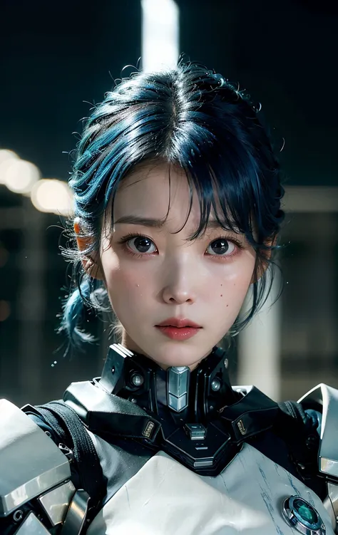 soloaiyu, (closed mouth:1.3), best quality ,masterpiece, illustration, an extremely delicate and beautiful, extremely detailed ,CG ,unity ,8k wallpaper, Amazing, finely detail, masterpiece,best quality,official art,extremely detailed CG unity 8k wallpaper,absurdres, incredibly absurdres, ultra-detailed, highres, extremely detailed,beautiful detailed girl,light on face, 1girl, mecha, mechanical_body, (blue hair), green light, water, spaceship, city, star_sky, An interstellar war, <lora:soloaiyu_A:1>