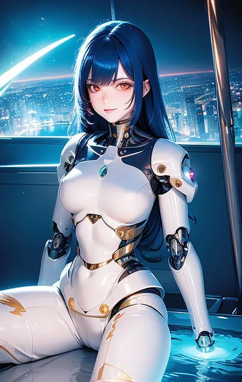 best quality ,masterpiece, illustration, an extremely delicate and beautiful, extremely detailed ,CG ,unity ,8k wallpaper, Amazing, finely detail, masterpiece,best quality,official art,extremely detailed CG unity 8k wallpaper,absurdres, incredibly absurdres, ultra-detailed, highres, extremely detailed,beautiful detailed girl,light on face, 1girl, mecha, mechanical_body, (Lie down:1.2), red eye, (blue hair), green light, water, spaceship, city, star_sky, An interstellar war, <lora:Mecha:1>