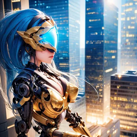 best quality ,masterpiece, illustration, an extremely delicate and beautiful, extremely detailed ,CG ,unity ,8k wallpaper, Amazing, finely detail, masterpiece,best quality,official art,extremely detailed CG unity 8k wallpaper,absurdres, incredibly absurdres, ultra-detailed, highres, extremely detailed,beautiful detailed girl, extremely detailed eyes and face, beautiful detailed eyes,light on face, 1girl, mecha, breast, mechanical_body,bodysuit, window, spaceship, depth_of_field, blue, sunglasses,mask, floating_hair, armor, golden hair, water, lab,(city), star_sky, dusk, <lora:Mecha:1>