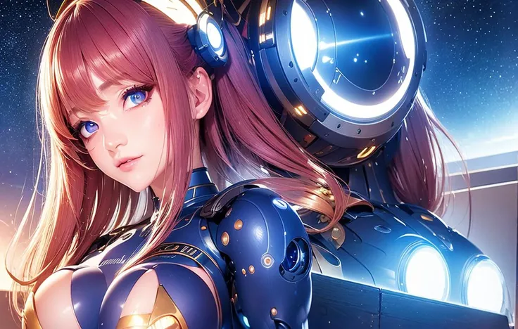 best quality ,masterpiece, illustration, an extremely delicate and beautiful, extremely detailed ,CG ,unity ,8k wallpaper, Amazing, finely detail, masterpiece,best quality,official art,extremely detailed CG unity 8k wallpaper,absurdres, incredibly absurdres, ultra-detailed, highres, extremely detailed,beautiful detailed girl, extremely detailed eyes and face, beautiful detailed eyes,light on face, 1girl, robot gril, mecha, breast, mechanical_body,bodysuit, window, spaceship, depth_of_field, blue, sunglasses,mask, floating_hair, armor, dark red hair, circle, star gate, lab,(outer space), star_sky, dusk, explore, <lora:Mecha:1>
