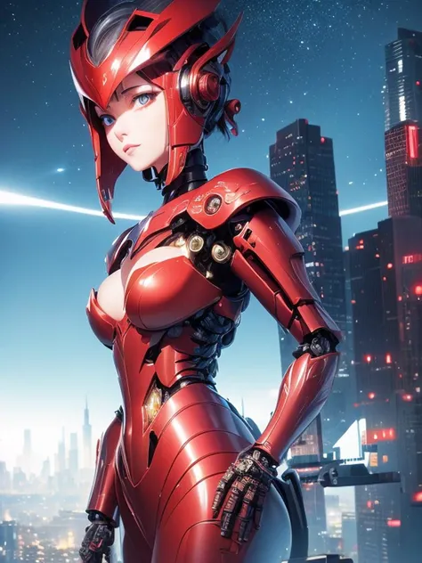 best quality ,masterpiece, illustration, an extremely delicate and beautiful, extremely detailed ,CG ,unity ,8k wallpaper, Amazing, finely detail, masterpiece,best quality,official art,extremely detailed CG unity 8k wallpaper,absurdres, incredibly absurdres, ultra-detailed, highres, extremely detailed,beautiful detailed girl,light on face, 1girl, mecha, red armor, mechanical_body, black hair, spaceship, city, cyberpunk, star_sky, <lora:Mecha:1>