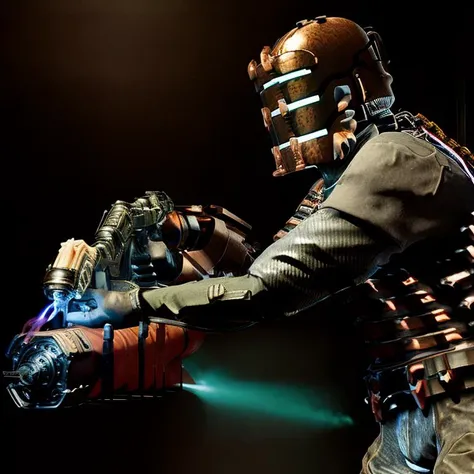<hypernet:isaacFlame:1>a man in a space suit with a flamethrower, full long shot, side view, big industrial hall, a neon light above small room with grates and pipes, solo