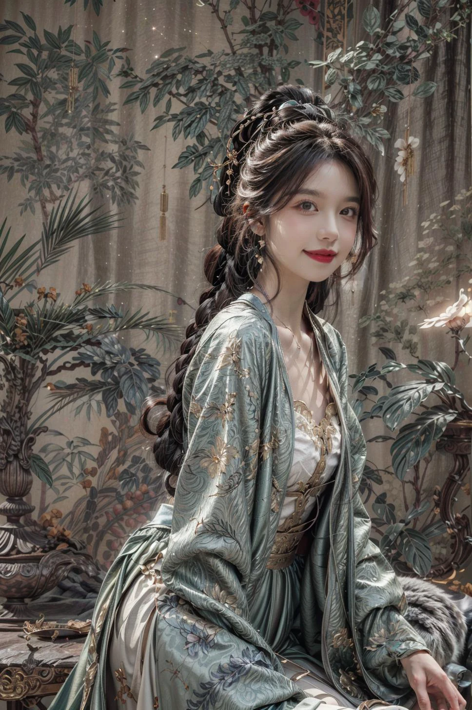 <(best quality, extremery best quality, masterpiece:1.4), (realistic, intricate details:1.4), (photorealistic:1.4), (extremely intricate:1.4), highres, ultra highres, ultra detailed, ultra-detailed, absurdres, incredibly absurdres, extremely detailed, high quality, high resolution, hyperrealistic, ultra-realistic, hyper-detailed, top quality, best, fine detail, massive detail, Highly detailed, extreme detailed, highest detailed, high-res, absolutely resolution, reflection, (refraction:1.4), (hyperrealism:1.4), ultra realistic details, highly intricate details>, BREAK, (1girl:1.3), solo, looking at viewer, (young cute beautiful 18-year-old girl:1.4), 3d face, (hand of Guido Daniele:1.4), beautiful girl, Beautiful face, pretty, girlface, kpop idol, supermodel, stunning innocent symmetry face, perfect body, medium breast, slim waist, slim legs, (high detailed skin:1.5), glowing eyes, goddess, natural skin texture, shiny skin, White skin, Beautiful detailed face, detailed face, real skin texture, cute delicate face, finely detailed face, golden ratio, golden ratio face, expressive eyes, perfect face, perfect skin, flawless face, clear face, shiny hair, pale skin, Proper body proportion, perfect anatomy, realistic skin texture, luscious lips, glossy lips, natural makeup, beautiful bright pupils, slender figure, intricate eyes, detailed pupils, detailed face and eyes, longeyelashes, blush, good hand, perfect hands, pretty face, beautiful female bodies, finely detailed skin, oily shiny skin, clean facial features, an extremely delicate and beautiful, cute & girly, beautiful detailed eyes, stars in the eyes, detailed simmetric eyes, perfect smooth skin texture, BREAK, (((((brilliant colors, (joshua middleton comic cover art, theater dance scene, hypermaximalist, ink painting, instagram contest winner, model pose, fashion color scheme, trending on cgsociety, playful illustrations, imaginative overlays, artistic fusion, fantastical scenes, evocative narratives, striking visuals:1.3), (Glowing ambiance, enchanting radiance, luminous lighting, ethereal atmosphere, mesmerizing glow, evocative hues, captivating coloration, dramatic lighting, enchanting aura:1.2), (moon, palace, Hibiscus, nymphaea, plum blossoms, a girl in hanfu, melanchonic soft light, photorealistic faces, moody lighting:1.4), (night, Night time, moon light, Golden Hour, sky, landscape, stars, starry, galaxy sky, milky way, night sky full of stars:1.2), (dancing, mountain, river, old tree, Ribbon, Elegant, She soared through the air in her flowing dress and fluttering ribbons, Graceful and graceful, pine trees, birds, moss, there is orange cat sitting near girl:1.2), (hanfu, ornaments detailed, traditional clothes, braids, water, jewelry, chinese clothes, earrings, sash, long sleeves, tree, petals, hair ornament, floating hair, dress, rock, falling petals, flower, chinese traditional architecture, ancient art, chinese style, Chinese, lake background, chinese buildings, misty lake, ancient chinese background, after the rain, wet grass and trees, waterfall, flying splashes, flying petals, leaves, bloom, bloom effect, surrounded by heavy floating petal flow, petal, leaves falling from the tree, peaceful atmosphere, mountainous backdrop, authentic cultural experience, quiet whispers, hushed conversations, tranquil silence, crisp air, soulful melodies, a sense of belonging, bonding with nature, quiet reflection, random patterns, energetic movement, bold colors, dynamic texture, spontaneous creativity:1.2), (smile, blush, Pink hair, Pink eye, long hair, Pink eyelashes, Pink lips, Pink lip colour, Eyes glowing Pink, flat bangs, happy expression, warm smile, cute smile, smiling:1.4), (long_hair, mountain background, forest, river in background, landscape, water reflection, outdoors:1.3), (mountains, breeze, dust is drifting, ethereal, scenery, nature, mysterious background, fog, wind:1.2), (iridescent colors, Iridescence, mysterious, fantasy background, fantasy, open mouth:1.2), (Luminescent Particles:1.3), (fullbody:1.2), (eye focus, face focus, character focus, close-up face:1.2), (dutch angle, cowboy shot:1.3), colorful refraction)))), BREAK, <hyper realistic DSLR photo, Nikon D5, cinematic portrait, portrait, ultra sharp, analog film photography, film emulation, bokeh, blurry noise background, watercolor, available light, detailed light, volumetric fog, beautiful lighting, Rembrandt lighting, Cinematic, pixel art, game art, key visual, surreal, PBR Texturing, Anisotropic Filtering, Maximum Clarity And Sharpness, Albedo And Specular Maps, Multi-Layered Textures, Surface Shading, Sub-Pixel Convolution, Sub-Pixel Convolution, Accurate Simulation Of Light-Material Interaction, blurry foreground, broad light, volumetric light effect, matte painting, perfectly defined features, volumetric lighting, Tone Mapping, Lumen Reflections, Global illumination, Ray Tracing, Screen Space Global Illumination, Accent Lighting, 32k, Natural Lighting, volumetric, cinematic masterpiece, Rule of thirds, high dynamic range, Multi-exposure HDR capture, cinematic render, game cg cinematic, atmospheric perspective, movie scene, epic dynamic frame, motion blur, ((cinematic look, Film look)), rim light, 4k textures, adobe lightroom, photolab, insane details, hyperdetailed, exposure blend, professional color grading, professional color correction, aerial perspective, particles and dust in beams of light, cinematic scene, dynamic lighting, sharp details, lomography, soft focus, light leaks, bold hues, atmospheric depth, (explosive light and shadow:1.2), aesthetics, intricate designs, ultra realistic digital art, (zentangle, mandala, tangle, entangle), (fractal art), elegant, vivid colours, floating particles, particles, dramatic, epic, (ink drawing, oil painting detailed), RAW, huge filesize, extremery detailed CG, Photo, 8k uhd, cinematic atmosphere, trending on artstation, award-winning glamour photograph, highly detailed photo, official art, beautiful and aesthetic, unity 8k wallpaper, beautiful, highly detailed CG illustration, best illustration, intricate, Amazing, emotional, analog, painting, digital painting, concept art, Oil Painting, illustration, Classical art, Renaissance, Romanticism, Neoclassicism, Color Palette, depth and contrast, Vibrant colors, saturated, rich saturation, color harmony, vivid palette, concept-art, design style, detail character, concept render, colorful, analog photography, dreamy atmosphere, specular highlights, atmospheric lighting, (dynamic angle, dynamic pose :1.3), (shiny, clothes reflecting light, lens flare, bloom effect, light particle, lens glare:1.3), realistic light, realistic lighting, cinematic light, (cinematic lighting), light in the face, soft lighting, saturated colors, detailed background, sharp focus, 8k high definition, perspective, Master Composition, roughness, post-processing, soft shadows, realistic shadows, ambient occlusion, ray-tracing, subsurface scattering, photon mapping, physically-based rendering, octane rendering, unreal engine 5, ue5 rendering, Adobe After FX, dslr, RTX, Best character details, radiosity, sharp, antialiased, RAW photo, HDR, 8k, 4k, (((Photographed by Roger Deakins, using a RED Monstro 8K VV camera and a series of high-end lenses))), ((Hasselblad photography)), (film grain:1.4), Kodak portra 400, ((Fujifilm X-T5)), professional photograph, depth of field, caustics, Broad lighting, diffuse lighting, rim lighting, two tone lighting, textile details, visible pores, high resolution scan, professionally color graded, photographic reality, automatic white balance, best lighting, detailed shadow, high contrast, strong light and shadow>, (PureErosFace_V1:0.3), (ulzzang-6500:0.7), <lora:epiNoiseoffset_v3:2>, <lora:add_detail:0.7>, <lora:hipoly_3dcg_v7-epoch-000012:0.7>, (kbxll:0.7), <lora:more_details:0.7>, <lora:anxiang:0.55>