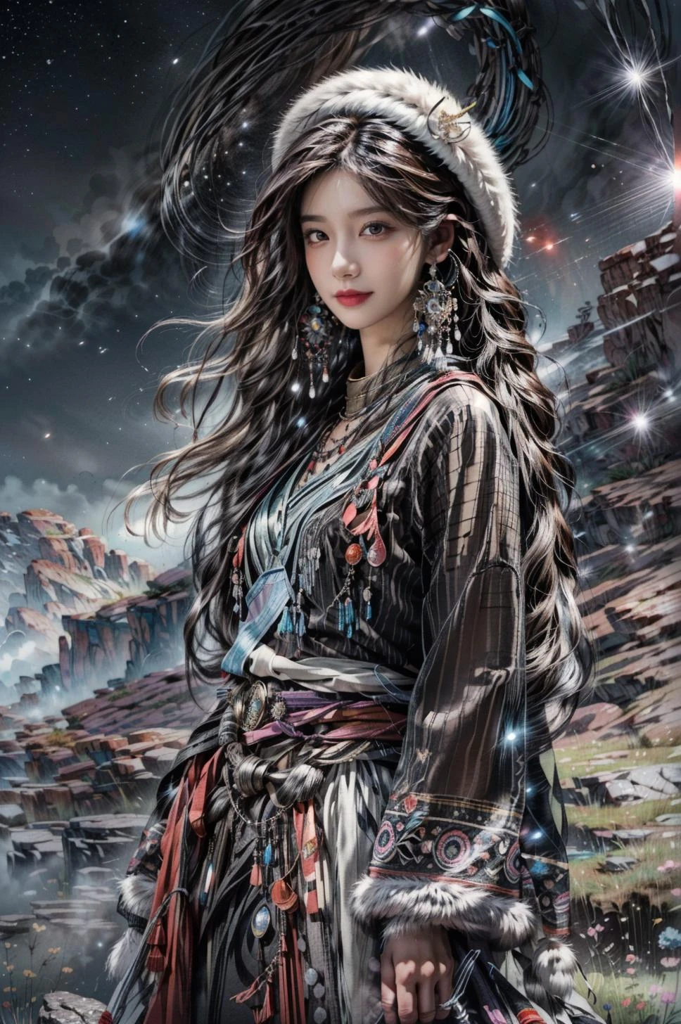 <(best quality, extremery best quality, masterpiece:1.4), (realistic, intricate details:1.4), (photorealistic:1.4), (extremely intricate:1.4), highres, ultra highres, ultra detailed, ultra-detailed, absurdres, incredibly absurdres, extremely detailed, high quality, high resolution, hyperrealistic, ultra-realistic, hyper-detailed, top quality, best, fine detail, massive detail, Highly detailed, extreme detailed, highest detailed, high-res, absolutely resolution, reflection, (refraction:1.4), (hyperrealism:1.4)>, BREAK, (1girl:1.3), solo, looking at viewer, (young cute beautiful 18-year-old girl:1.4), 3d face, (hand of Guido Daniele:1.4), beautiful girl, Beautiful face, pretty, girlface, kpop idol, supermodel, stunning innocent symmetry face, perfect body, medium breast, slim waist, slim legs, (high detailed skin:1.5), glowing eyes, goddess, natural skin texture, shiny skin, White skin, Beautiful detailed face, detailed face, real skin texture, cute delicate face, finely detailed face, golden ratio, golden ratio face, expressive eyes, perfect face, perfect skin, flawless face, clear face, shiny hair, pale skin, Proper body proportion, perfect anatomy, realistic skin texture, luscious lips, glossy lips, natural makeup, beautiful bright pupils, slender figure, intricate eyes, detailed pupils, detailed face and eyes, longeyelashes, blush, good hand, perfect hands, pretty face, beautiful female bodies, finely detailed skin, oily shiny skin, clean facial features, an extremely delicate and beautiful, cute & girly, beautiful detailed eyes, stars in the eyes, detailed simmetric eyes, perfect smooth skin texture, BREAK, (((((brilliant colors, (Tibetan, fur hat, front view, dancing, Prairie, sunset, mountain, Yak, sheep, ride a pink horse, river, pink horses on the river, Wolf:1.4), (Tibetan girl, bonfire, surrounded by vast grasslands, Tibetan tent, traditional clothes, braids, peaceful atmosphere, mountainous backdrop, camping trip, authentic cultural experience, night sky full of stars, crackling fire sounds, quiet whispers, hushed conversations, Tibetan tea, warm blankets, tranquil silence, crisp air, soulful melodies, traditional musical instruments, a sense of belonging, bonding with nature, quiet reflection:1.4), (smile, blush, Pink hair, Pink eye, long hair, Pink eyelashes, Pink lips, Pink lip colour, Eyes glowing Pink, flat bangs, happy expression, warm smile, cute smile, smiling:1.4), (long_hair, mountain background, forest, river in background, landscape, water reflection, outdoors:1.3), (night, Night time, moon light, Golden Hour, sky, landscape, stars, starry, galaxy sky, milky way:1.3), (mountains, full moon background, moutains, breeze, dust is drifting, ethereal, scenery, nature, mysterious background, fog, wind:1.2), (iridescent colors, Iridescence, mysterious, fantasy background, fantasy, open mouth:1.2), (Luminescent Particles:1.3), (fullbody:1.2), (eye focus, face focus, character focus, close-up face:1.2), (dutch angle, cowboy shot:1.3), colorful refraction)))), BREAK, <cinematic portrait, analog film photography, film emulation, bokeh, blurry noise background, watercolor, available light, detailed light, volumetric fog, beautiful lighting, Rembrandt lighting, Cinematic, pixel art, game art, key visual, surreal, PBR Texturing, Anisotropic Filtering, Maximum Clarity And Sharpness, Albedo And Specular Maps, Multi-Layered Textures, Surface Shading, Sub-Pixel Convolution, Sub-Pixel Convolution, Accurate Simulation Of Light-Material Interaction, blurry foreground, broad light, volumetric light effect, matte painting, perfectly defined features, volumetric lighting, Tone Mapping, Lumen Reflections, Global illumination, Ray Tracing, Screen Space Global Illumination, Accent Lighting, 32k, Natural Lighting, volumetric, cinematic masterpiece, Rule of thirds, high dynamic range, Multi-exposure HDR capture, cinematic render, game cg cinematic, atmospheric perspective, movie scene, epic dynamic frame, motion blur, ((cinematic look, Film look)), rim light, 4k textures, adobe lightroom, photolab, insane details, hyperdetailed, exposure blend, professional color grading, professional color correction, aerial perspective, particles and dust in beams of light, cinematic scene, dynamic lighting, sharp details, lomography, soft focus, light leaks, bold hues, atmospheric depth, (explosive light and shadow:1.2), aesthetics, intricate designs, ultra realistic digital art, (zentangle, mandala, tangle, entangle), (fractal art), elegant, vivid colours, floating particles, particles, dramatic, epic, (ink drawing, oil painting detailed), (dramatic lighting:1.2), RAW, huge filesize, extremery detailed CG, Photo, 8k uhd, cinematic atmosphere, trending on artstation, award-winning glamour photograph, highly detailed photo, official art, beautiful and aesthetic, unity 8k wallpaper, beautiful, highly detailed CG illustration, best illustration, intricate, Amazing, emotional, analog, painting, digital painting, concept art, Oil Painting, illustration, Classical art, Renaissance, Romanticism, Neoclassicism, Color Palette, depth and contrast, Vibrant colors, saturated, rich saturation, color harmony, vivid palette, concept-art, design style, detail character, concept render, colorful, analog photography, dreamy atmosphere, specular highlights, atmospheric lighting, (dynamic angle, dynamic pose :1.3), (shiny, clothes reflecting light, lens flare, bloom effect, light particle, lens glare:1.3), realistic lighting, cinematic light, (cinematic lighting), light in the face, soft lighting, saturated colors, detailed background, sharp focus, 8k high definition, perspective, Master Composition, roughness, post-processing, soft shadows, realistic shadows, ambient occlusion, ray-tracing, subsurface scattering, photon mapping, physically-based rendering, octane rendering, unreal engine 5, ue5 rendering, Adobe After FX, dslr, RTX, Best character details, radiosity, sharp, antialiased, RAW photo, HDR, 8k, 4k, (((Photographed by Roger Deakins, using a RED Monstro 8K VV camera and a series of high-end lenses))), ((Hasselblad photography)), (film grain:1.4), Kodak portra 400, ((Fujifilm X-T5)), professional photograph, depth of field, caustics, Broad lighting, diffuse lighting, rim lighting, two tone lighting, textile details, visible pores, high resolution scan, professionally color graded, photographic reality, automatic white balance, best lighting, detailed shadow, high contrast, strong light and shadow>, (PureErosFace_V1:0.7), (ulzzang-6500:0.7), <lora:epiNoiseoffset_v3:2>, <lora:add_detail:0.7>, <lora:hipoly_3dcg_v7-epoch-000012:0.7>, (kbxll:0.7), <lora:more_details:0.7>, <lora:Tibetan_v1:0.9>