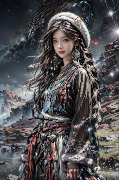 <(best quality, extremery best quality, masterpiece:1.4), (realistic, intricate details:1.4), (photorealistic:1.4), (extremely intricate:1.4), highres, ultra highres, ultra detailed, ultra-detailed, absurdres, incredibly absurdres, extremely detailed, high quality, high resolution, hyperrealistic, ultra-realistic, hyper-detailed, top quality, best, fine detail, massive detail, Highly detailed, extreme detailed, highest detailed, high-res, absolutely resolution, reflection, (refraction:1.4), (hyperrealism:1.4)>, BREAK, (1girl:1.3), solo, looking at viewer, (young cute beautiful 18-year-old girl:1.4), 3d face, (hand of Guido Daniele:1.4), beautiful girl, Beautiful face, pretty, girlface, kpop idol, supermodel, stunning innocent symmetry face, perfect body, medium breast, slim waist, slim legs, (high detailed skin:1.5), glowing eyes, goddess, natural skin texture, shiny skin, White skin, Beautiful detailed face, detailed face, real skin texture, cute delicate face, finely detailed face, golden ratio, golden ratio face, expressive eyes, perfect face, perfect skin, flawless face, clear face, shiny hair, pale skin, Proper body proportion, perfect anatomy, realistic skin texture, luscious lips, glossy lips, natural makeup, beautiful bright pupils, slender figure, intricate eyes, detailed pupils, detailed face and eyes, longeyelashes, blush, good hand, perfect hands, pretty face, beautiful female bodies, finely detailed skin, oily shiny skin, clean facial features, an extremely delicate and beautiful, cute & girly, beautiful detailed eyes, stars in the eyes, detailed simmetric eyes, perfect smooth skin texture, BREAK, (((((brilliant colors, (Tibetan, fur hat, front view, dancing, Prairie, sunset, mountain, Yak, sheep, ride a pink horse, river, pink horses on the river, Wolf:1.4), (Tibetan girl, bonfire, surrounded by vast grasslands, Tibetan tent, traditional clothes, braids, peaceful atmosphere, mountainous backdrop, camping trip, authentic cultural experience, night sky full of stars, crackling fire sounds, quiet whispers, hushed conversations, Tibetan tea, warm blankets, tranquil silence, crisp air, soulful melodies, traditional musical instruments, a sense of belonging, bonding with nature, quiet reflection:1.4), (smile, blush, Pink hair, Pink eye, long hair, Pink eyelashes, Pink lips, Pink lip colour, Eyes glowing Pink, flat bangs, happy expression, warm smile, cute smile, smiling:1.4), (long_hair, mountain background, forest, river in background, landscape, water reflection, outdoors:1.3), (night, Night time, moon light, Golden Hour, sky, landscape, stars, starry, galaxy sky, milky way:1.3), (mountains, full moon background, moutains, breeze, dust is drifting, ethereal, scenery, nature, mysterious background, fog, wind:1.2), (iridescent colors, Iridescence, mysterious, fantasy background, fantasy, open mouth:1.2), (Luminescent Particles:1.3), (fullbody:1.2), (eye focus, face focus, character focus, close-up face:1.2), (dutch angle, cowboy shot:1.3), colorful refraction)))), BREAK, <cinematic portrait, analog film photography, film emulation, bokeh, blurry noise background, watercolor, available light, detailed light, volumetric fog, beautiful lighting, Rembrandt lighting, Cinematic, pixel art, game art, key visual, surreal, PBR Texturing, Anisotropic Filtering, Maximum Clarity And Sharpness, Albedo And Specular Maps, Multi-Layered Textures, Surface Shading, Sub-Pixel Convolution, Sub-Pixel Convolution, Accurate Simulation Of Light-Material Interaction, blurry foreground, broad light, volumetric light effect, matte painting, perfectly defined features, volumetric lighting, Tone Mapping, Lumen Reflections, Global illumination, Ray Tracing, Screen Space Global Illumination, Accent Lighting, 32k, Natural Lighting, volumetric, cinematic masterpiece, Rule of thirds, high dynamic range, Multi-exposure HDR capture, cinematic render, game cg cinematic, atmospheric perspective, scene, epic dynamic frame, motion blur, ((cinematic look, Film look)), rim light, 4k textures, adobe lightroom, photolab, insane details, hyperdetailed, exposure blend, professional color grading, professional color correction, aerial perspective, particles and dust in beams of light, cinematic scene, dynamic lighting, sharp details, lomography, soft focus, light leaks, bold hues, atmospheric depth, (explosive light and shadow:1.2), aesthetics, intricate designs, ultra realistic digital art, (zentangle, mandala, tangle, entangle), (fractal art), elegant, vivid colours, floating particles, particles, dramatic, epic, (ink drawing, oil painting detailed), (dramatic lighting:1.2), RAW, huge filesize, extremery detailed CG, Photo, 8k uhd, cinematic atmosphere, trending on artstation, award-winning glamour photograph, highly detailed photo, official art, beautiful and aesthetic, unity 8k wallpaper, beautiful, highly detailed CG illustration, best illustration, intricate, Amazing, emotional, analog, painting, digital painting, concept art, Oil Painting, illustration, Classical art, Renaissance, Romanticism, Neoclassicism, Color Palette, depth and contrast, Vibrant colors, saturated, rich saturation, color harmony, vivid palette, concept-art, design style, detail character, concept render, colorful, analog photography, dreamy atmosphere, specular highlights, atmospheric lighting, (dynamic angle, dynamic pose :1.3), (shiny, clothes reflecting light, lens flare, bloom effect, light particle, lens glare:1.3), realistic lighting, cinematic light, (cinematic lighting), light in the face, soft lighting, saturated colors, detailed background, sharp focus, 8k high definition, perspective, Master Composition, roughness, post-processing, soft shadows, realistic shadows, ambient occlusion, ray-tracing, subsurface scattering, photon mapping, physically-based rendering, octane rendering, unreal engine 5, ue5 rendering, Adobe After FX, dslr, RTX, Best character details, radiosity, sharp, antialiased, RAW photo, HDR, 8k, 4k, (((Photographed by Roger Deakins, using a RED Monstro 8K VV camera and a series of high-end lenses))), ((Hasselblad photography)), (film grain:1.4), Kodak portra 400, ((Fujifilm X-T5)), professional photograph, depth of field, caustics, Broad lighting, diffuse lighting, rim lighting, two tone lighting, textile details, visible pores, high resolution scan, professionally color graded, photographic reality, automatic white balance, best lighting, detailed shadow, high contrast, strong light and shadow>, (PureErosFace_V1:0.7), (ulzzang-6500:0.7), <lora:epiNoiseoffset_v3:2>, <lora:add_detail:0.7>, <lora:hipoly_3dcg_v7-epoch-000012:0.7>, (kbxll:0.7), <lora:more_details:0.7>, <lora:Tibetan_v1:0.9>