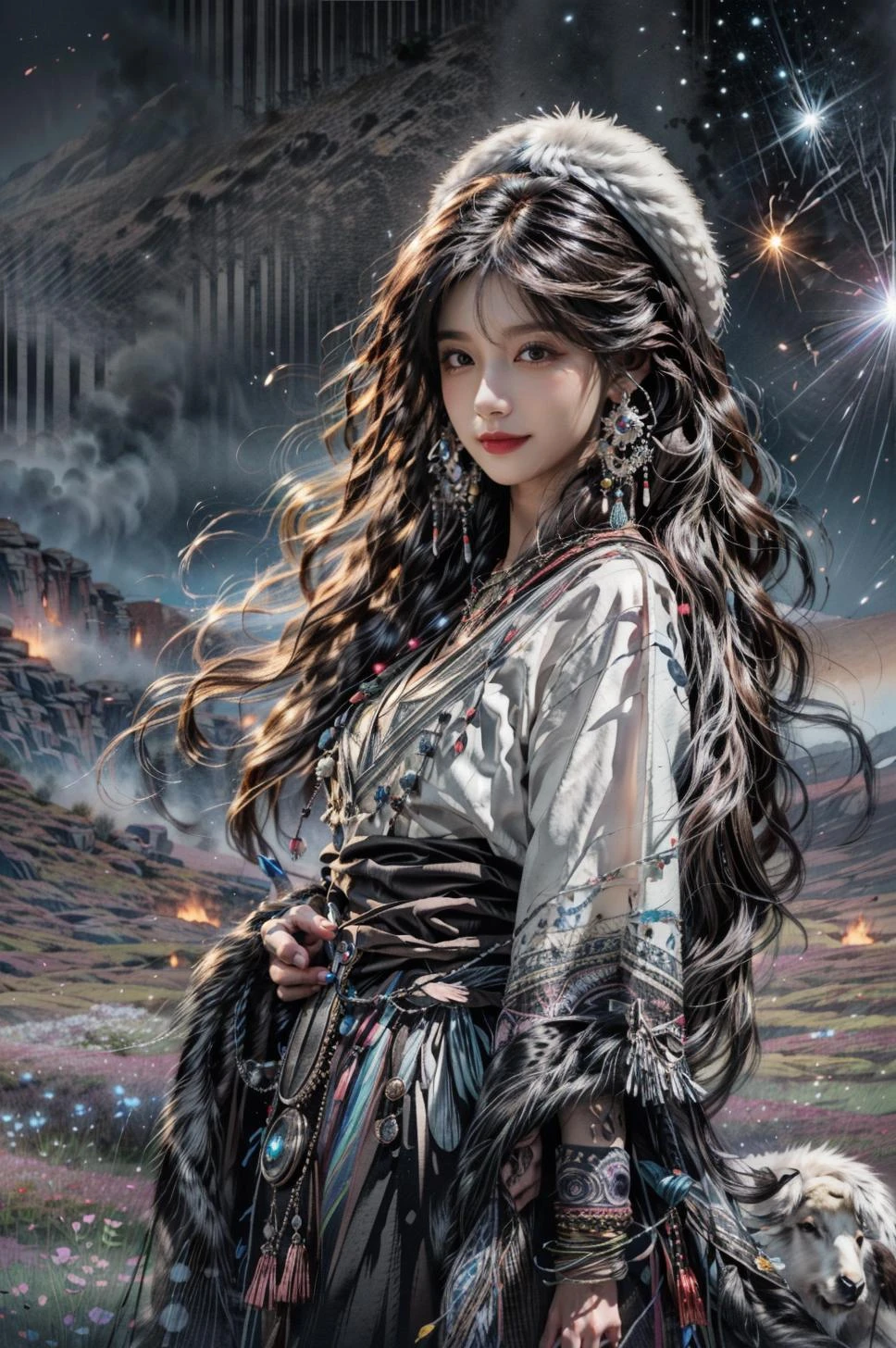 <(best quality, extremery best quality, masterpiece:1.4), (realistic, intricate details:1.4), (photorealistic:1.4), (extremely intricate:1.4), highres, ultra highres, ultra detailed, ultra-detailed, absurdres, incredibly absurdres, extremely detailed, high quality, high resolution, hyperrealistic, ultra-realistic, hyper-detailed, top quality, best, fine detail, massive detail, Highly detailed, extreme detailed, highest detailed, high-res, absolutely resolution, reflection, (refraction:1.4), (hyperrealism:1.4)>, BREAK, (1girl:1.3), solo, looking at viewer, (young cute beautiful 18-year-old girl:1.4), 3d face, (hand of Guido Daniele:1.4), beautiful girl, Beautiful face, pretty, girlface, kpop idol, supermodel, stunning innocent symmetry face, perfect body, medium breast, slim waist, slim legs, (high detailed skin:1.5), glowing eyes, goddess, natural skin texture, shiny skin, White skin, Beautiful detailed face, detailed face, real skin texture, cute delicate face, finely detailed face, golden ratio, golden ratio face, expressive eyes, perfect face, perfect skin, flawless face, clear face, shiny hair, pale skin, Proper body proportion, perfect anatomy, realistic skin texture, luscious lips, glossy lips, natural makeup, beautiful bright pupils, slender figure, intricate eyes, detailed pupils, detailed face and eyes, longeyelashes, blush, good hand, perfect hands, pretty face, beautiful female bodies, finely detailed skin, oily shiny skin, clean facial features, an extremely delicate and beautiful, cute & girly, beautiful detailed eyes, stars in the eyes, detailed simmetric eyes, perfect smooth skin texture, BREAK, (((((brilliant colors, (Tibetan, fur hat, front view, dancing, Prairie, sunset, mountain, Yak, sheep, ride a pink horse, river, pink horses on the river, Wolf:1.4), (Tibetan girl, bonfire, surrounded by vast grasslands, Tibetan tent, traditional clothes, braids, peaceful atmosphere, mountainous backdrop, camping trip, authentic cultural experience, night sky full of stars, crackling fire sounds, quiet whispers, hushed conversations, Tibetan tea, warm blankets, tranquil silence, crisp air, soulful melodies, traditional musical instruments, a sense of belonging, bonding with nature, quiet reflection:1.4), (smile, blush, Pink hair, Pink eye, long hair, Pink eyelashes, Pink lips, Pink lip colour, Eyes glowing Pink, flat bangs, happy expression, warm smile, cute smile, smiling:1.4), (long_hair, mountain background, forest, river in background, landscape, water reflection, outdoors:1.3), (night, Night time, moon light, Golden Hour, sky, landscape, stars, starry, galaxy sky, milky way:1.3), (mountains, full moon background, moutains, breeze, dust is drifting, ethereal, scenery, nature, mysterious background, fog, wind:1.2), (iridescent colors, Iridescence, mysterious, fantasy background, fantasy, open mouth:1.2), (Luminescent Particles:1.3), (fullbody:1.2), (eye focus, face focus, character focus, close-up face:1.2), (dutch angle, cowboy shot:1.3), colorful refraction)))), BREAK, <cinematic portrait, analog film photography, film emulation, bokeh, blurry noise background, watercolor, available light, detailed light, volumetric fog, beautiful lighting, Rembrandt lighting, Cinematic, pixel art, game art, key visual, surreal, PBR Texturing, Anisotropic Filtering, Maximum Clarity And Sharpness, Albedo And Specular Maps, Multi-Layered Textures, Surface Shading, Sub-Pixel Convolution, Sub-Pixel Convolution, Accurate Simulation Of Light-Material Interaction, blurry foreground, broad light, volumetric light effect, matte painting, perfectly defined features, volumetric lighting, Tone Mapping, Lumen Reflections, Global illumination, Ray Tracing, Screen Space Global Illumination, Accent Lighting, 32k, Natural Lighting, volumetric, cinematic masterpiece, Rule of thirds, high dynamic range, Multi-exposure HDR capture, cinematic render, game cg cinematic, atmospheric perspective, movie scene, epic dynamic frame, motion blur, ((cinematic look, Film look)), rim light, 4k textures, adobe lightroom, photolab, insane details, hyperdetailed, exposure blend, professional color grading, professional color correction, aerial perspective, particles and dust in beams of light, cinematic scene, dynamic lighting, sharp details, lomography, soft focus, light leaks, bold hues, atmospheric depth, (explosive light and shadow:1.2), aesthetics, intricate designs, ultra realistic digital art, (zentangle, mandala, tangle, entangle), (fractal art), elegant, vivid colours, floating particles, particles, dramatic, epic, (ink drawing, oil painting detailed), (dramatic lighting:1.2), RAW, huge filesize, extremery detailed CG, Photo, 8k uhd, cinematic atmosphere, trending on artstation, award-winning glamour photograph, highly detailed photo, official art, beautiful and aesthetic, unity 8k wallpaper, beautiful, highly detailed CG illustration, best illustration, intricate, Amazing, emotional, analog, painting, digital painting, concept art, Oil Painting, illustration, Classical art, Renaissance, Romanticism, Neoclassicism, Color Palette, depth and contrast, Vibrant colors, saturated, rich saturation, color harmony, vivid palette, concept-art, design style, detail character, concept render, colorful, analog photography, dreamy atmosphere, specular highlights, atmospheric lighting, (dynamic angle, dynamic pose :1.3), (shiny, clothes reflecting light, lens flare, bloom effect, light particle, lens glare:1.3), realistic lighting, cinematic light, (cinematic lighting), light in the face, soft lighting, saturated colors, detailed background, sharp focus, 8k high definition, perspective, Master Composition, roughness, post-processing, soft shadows, realistic shadows, ambient occlusion, ray-tracing, subsurface scattering, photon mapping, physically-based rendering, octane rendering, unreal engine 5, ue5 rendering, Adobe After FX, dslr, RTX, Best character details, radiosity, sharp, antialiased, RAW photo, HDR, 8k, 4k, (((Photographed by Roger Deakins, using a RED Monstro 8K VV camera and a series of high-end lenses))), ((Hasselblad photography)), (film grain:1.4), Kodak portra 400, ((Fujifilm X-T5)), professional photograph, depth of field, caustics, Broad lighting, diffuse lighting, rim lighting, two tone lighting, textile details, visible pores, high resolution scan, professionally color graded, photographic reality, automatic white balance, best lighting, detailed shadow, high contrast, strong light and shadow>, (PureErosFace_V1:0.7), (ulzzang-6500:0.7), <lora:epiNoiseoffset_v3:2>, <lora:add_detail:0.7>, <lora:hipoly_3dcg_v7-epoch-000012:0.7>, (kbxll:0.7), <lora:more_details:0.7>, <lora:Tibetan_v1:0.9>