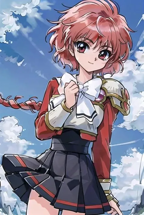 masterpiece, best quality,gorgeous,key visual, vibrant, sketch,studio anime,award-winning, professional, highly detailed,high budget, cinemascope,(sharp edges:1.2),
<lora:HIKARUv20:0.7>,1 tiny girl,solo,hikaru_rayearth,sweety smile,close mouth,happy face,(red hair, single braid), school uniform, long sleeves, shoulder armor, bowtie, arm guard, knee boots,
(hand up,handful on both hands,wind lift,whtie lace lining skirt:1.4)