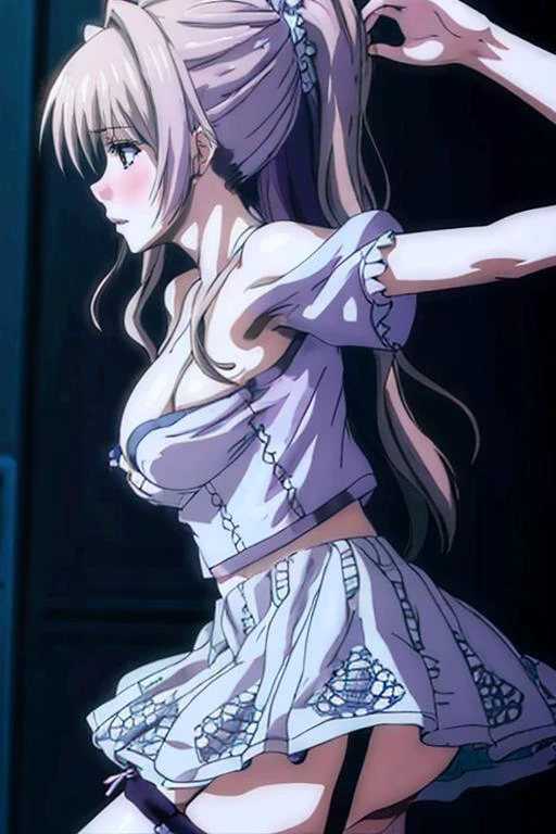 (masterpiece, best quality), 1girl, Pastel Purple Romantic Updo with Loose Curls, Size DD breasts, Sandy Blonde Tunic top and Flowy culottes with a geometric print, legwear garter, Arms outstretched to the side, <lora:TORIKO_NO_KUSARI:1> night mode