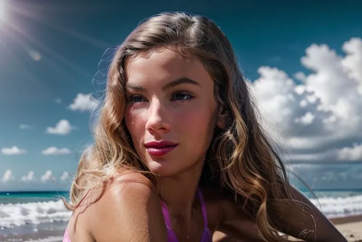 veronleee wearing pink bikini, at the beach, facing camera, medium shot, masterpiece, best quality, highest quality, cinematic lighting, (volumetric lighting), extremely detailed CG unity 8k wallpaper, focused, 8k wallpaper, 4k wallpaper, extremely detailed, ultra realistic, photorealistic, sharp focus, HDR, (high contrast), photograph, detailed and intricate, instagram, portrait, highly detailed, sharp focus, illustration, cinematic lighting, <lora:veronleee-14:0.9>,