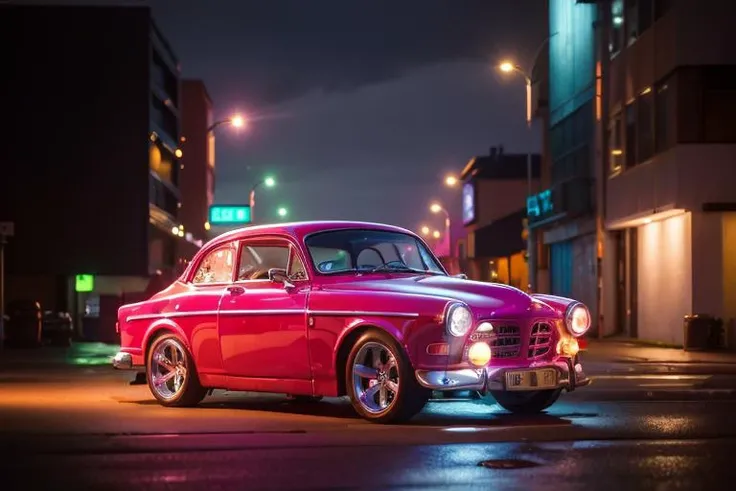 ((masterpiece)) ((high quality)) pink volvo amazon on a futuristic street at night <lora:Volvo_Amazon_vng:1>, high contrast, two tone lighting <lora:arcane_offset:0.7> <lora:epi_noiseoffset2:0.2>