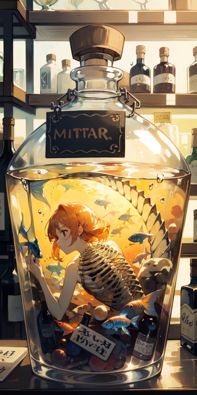 (8k, masterpiece, best quality, ultra-detailed),(an extremely delicate and beautiful),
fish skeleton, long bottle, gib\(concept\),submerged, underwater, air bubble, <lora:bottle_locon_v2m:0.7>,
(liquor shop, shelf:1.2), (price tag:1.3), liquor,