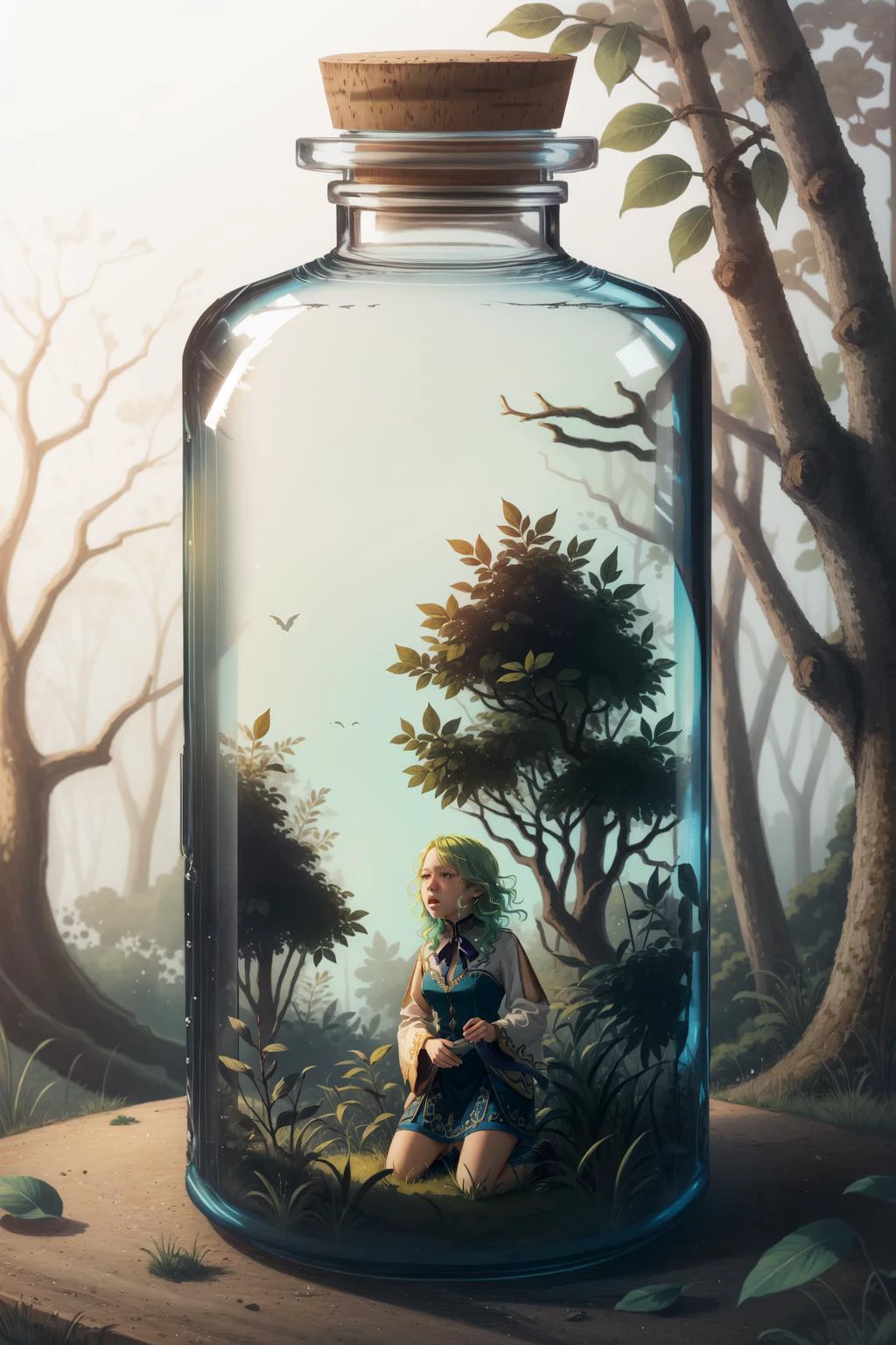 (masterpiece, best quality), intricate details, 8k, artstation, wallpaper, official art, splash art, sharp focus,
1girl, <lora:bottle_locon_v2m:0.8> gib\(concept\), jar, bottle,
woods, trees, overhanging branches, leaves, overgrown, abandoned,
<lora:ceresFaunaHololive_v1:0.8> 1girl, ceres_fauna, green hair, antlers, crying, trying to escape, kneeling,