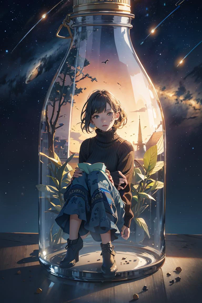 Best quality, masterpiece, ultra high res, (photorealistic:1.4),(zentangle:1.2),classical,Tyndall Effect,light background,vibrant color,
1girl, (anyachalotra:0.8), full body, looking at viewer, paperbag waist pants, fitted turtleneck, pumps, sitting,(night sky, milky way, shooting star),
in the dark, deep shadow, low key, glass bottle, grey background, gib\(concept\), <lora:bottle_locon_v2m:0.7>