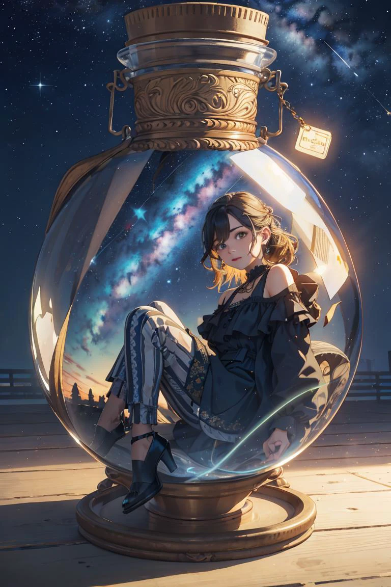 Best quality, masterpiece, ultra high res, (photorealistic:1.4),(zentangle:1.2),classical,Tyndall Effect,light background,vibrant color,
1girl, (anyachalotra:0.8), full body, looking at viewer, tapered pants, oversized blouse, slingback heels, sitting,(night sky, milky way, shooting star),
in the dark, deep shadow, low key, glass bottle, grey background, gib\(concept\), <lora:bottle_locon_v2m:0.7>