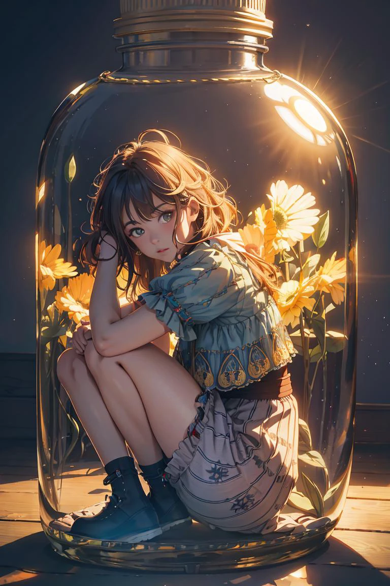 Best quality, masterpiece, ultra high res, (photorealistic:1.4),(zentangle:1.2),classical,Tyndall Effect,light background,vibrant color,
1girl, (anyachalotra:0.8), full body, looking at viewer, ruffled blouse, high-waisted shorts, espadrille wedges, sitting,
in the dark, deep shadow, low key, glass bottle, grey background, gib\(concept\), <lora:bottle_locon_v2m:0.7>