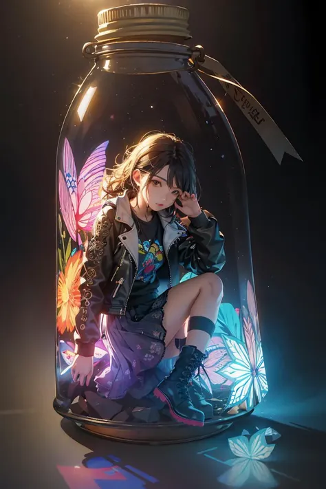 Best quality, masterpiece, ultra high res, (photorealistic:1.4),(zentangle:1.2),classical,Tyndall Effect,light background,vibrant color,
1girl, (anyachalotra:0.8), full body, looking at viewer, tulle skirt, graphic tee, moto jacket, combat boots, sitting,
in the dark, deep shadow, low key, glass bottle, grey background, gib\(concept\),  <lora:bottle_locon_v2m:0.7>