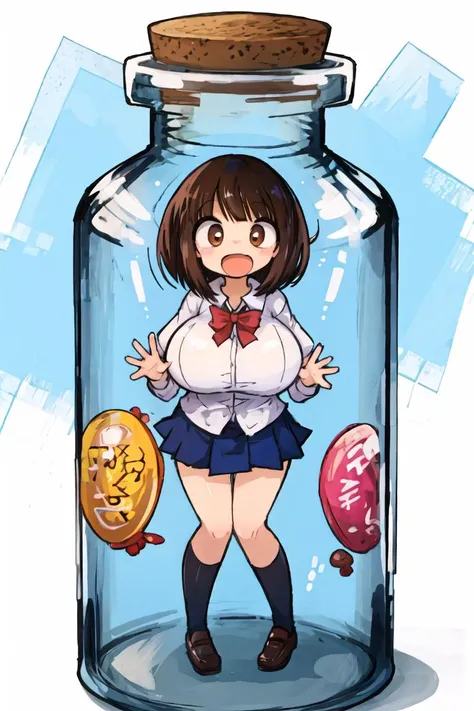 best quality, detailed face, detailed eyes, 1girl, multiple panels BREAK,
(bob cut:1.5), (side parted bangs:1.5), (dark brown hair:1.5), (brown eyes:1.5), short hair, (massive  breasts:1.5), :d, (trembling:1.2),  BREAK,
standing, bored, classroom, school uniform, gib\(concept\), jar, bottle, ((girl in a bottle))
<lora:kaamin [alpha128 3e-5]:1> <lora:bottle_locon_v2m:0.7>