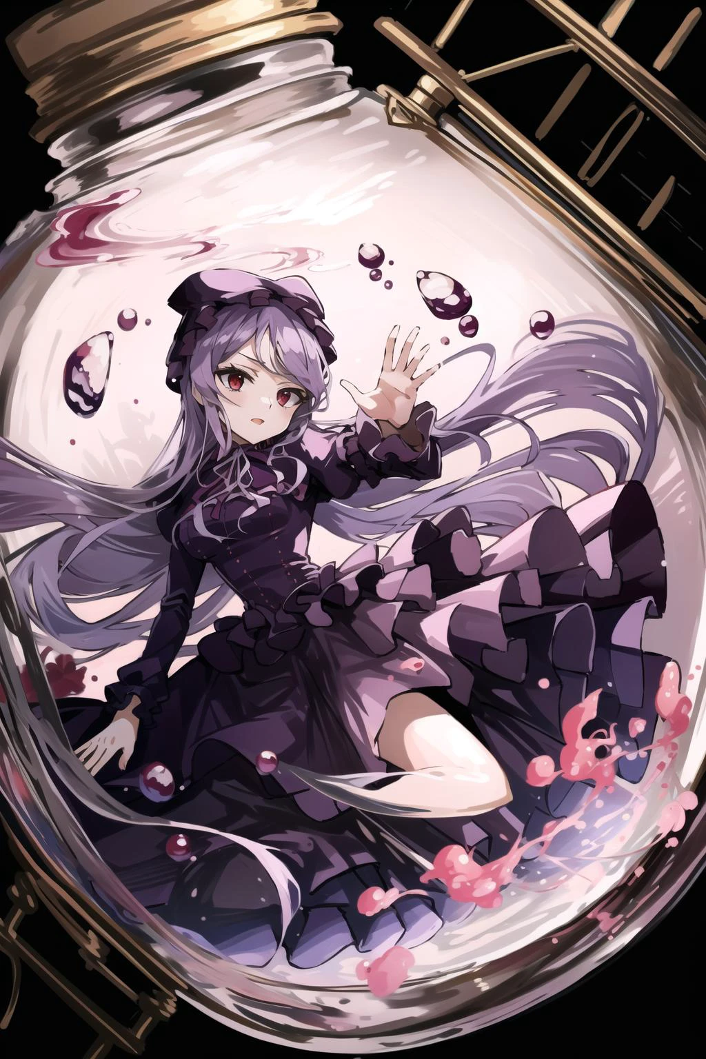 best quality, intricate details, full body,
<lora:shalltearBloodfallen_v10:0.8> shalltear bloodfallen, shalltearcostume,
<lora:girlInTheBottleLocon_v10a:0.8> in bottle,in container,