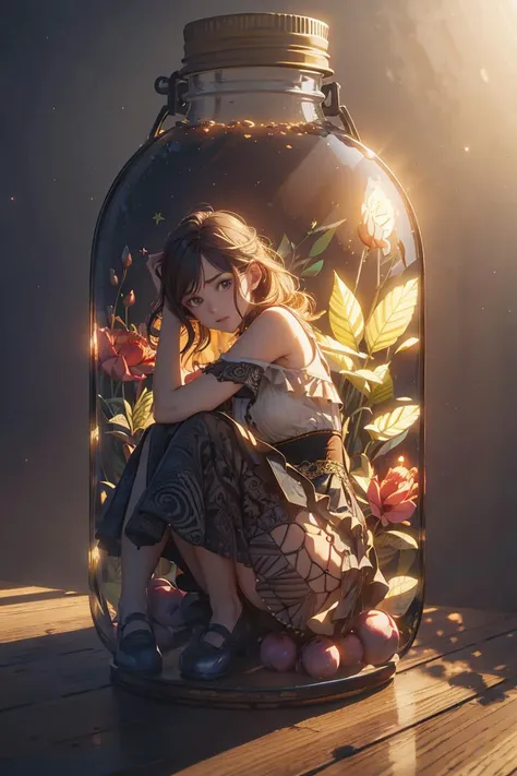 Best quality, masterpiece, ultra high res, (photorealistic:1.4),(zentangle:1.2),classical,Tyndall Effect,light background,vibrant color,
1girl, (anyachalotra:0.8), full body, looking at viewer, midi skirt, tucked-in blouse, ballet flats, sitting,
in the dark, deep shadow, low key, glass bottle, grey background, gib\(concept\), <lora:bottle_locon_v2m:0.7>
