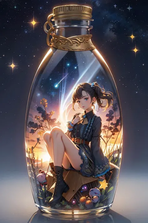 Best quality, masterpiece, ultra high res, (photorealistic:1.4),(zentangle:1.2),classical,Tyndall Effect,light background,vibrant color,
1girl, (anyachalotra:0.8), full body, looking at viewer, belted shirtdress, patterned tights, ankle boots, sitting,(starry night sky),
in the dark, deep shadow, low key, glass bottle, grey background, gib\(concept\), <lora:bottle_locon_v2m:0.7>