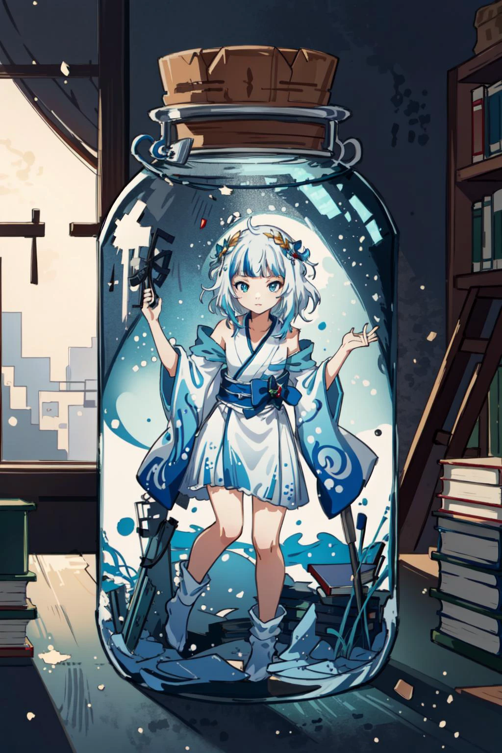 (masterpiece, best quality), intricate details, 8k, artstation, wallpaper, official art, splash art, sharp focus,
1girl, <lora:bottle_locon_v2m:0.8> gib\(concept\), jar, bottle, <lora:gawrGuraHololiveAll_v4AllOutfits:0.8> gura_atlantis, gradient dress, laurel crown, gura_kimono,
inside room, scholars study, desk, books, bookshelf,