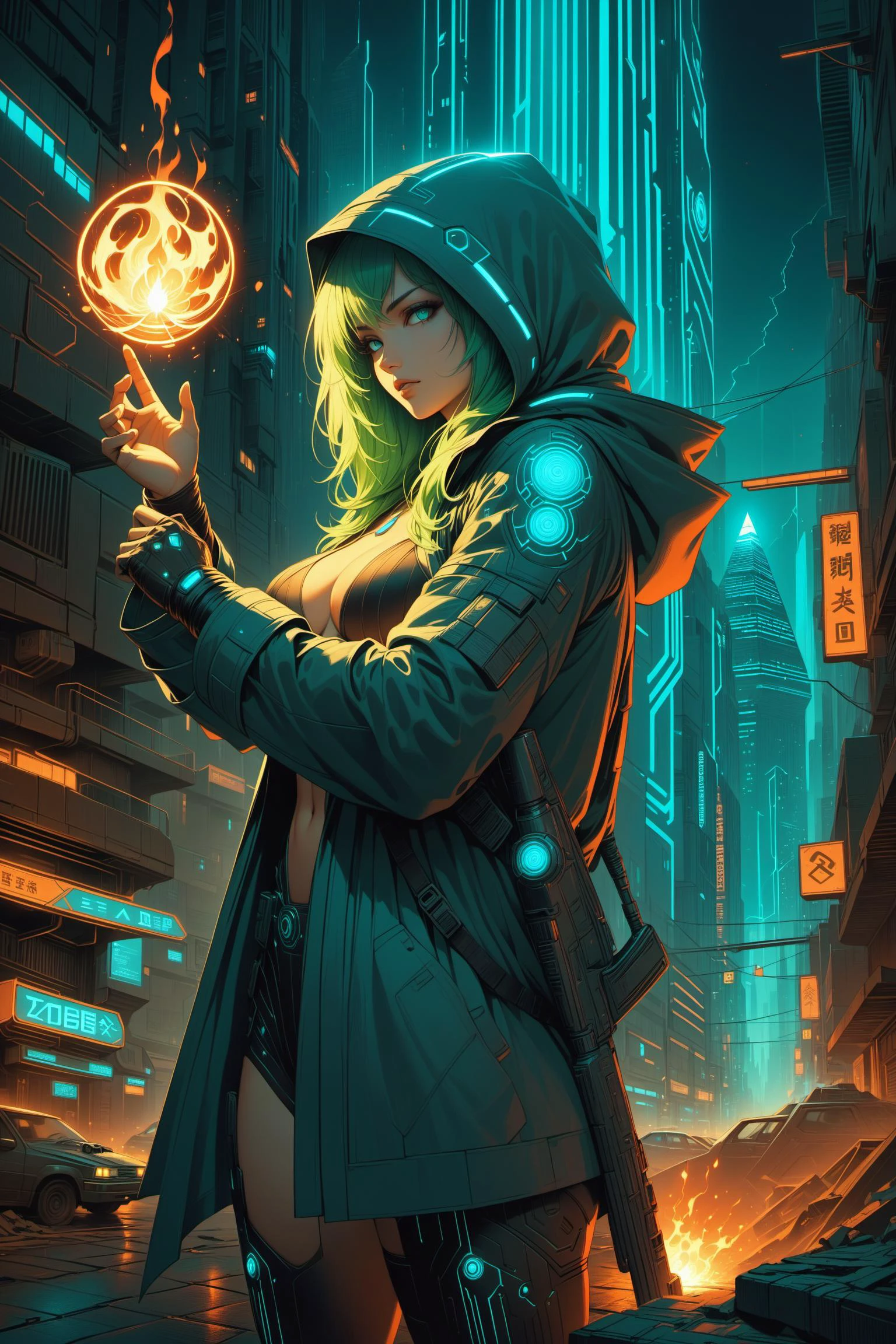 masterpiece, colorful, best quality, ultra detailed, futuristic cyberpunk, intricatge detailed, 1girl, techno battle mage, wizard, combat spell, forming a glowing fireball, fighting pose, beautiful, medium breasts, muscular, wearing a futuristic tech robe and (hood), military boots, toned body, green hair, in a dystopian neon city at night, dystopian future, realistic art style, scifi, 1980s, inspired by shadowrun, <lora:Neon_Cyberpunk_SDXL_-_Cyberspace:0.5>, surreal and mysterious, pyramid and squares