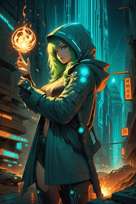 masterpiece, colorful, best quality, ultra detailed, futuristic cyberpunk, intricatge detailed, 1girl,  techno battle mage, wizard, combat spell, forming a glowing fireball,  fighting pose, beautiful, medium breasts, muscular, wearing a futuristic tech robe and (hood),   military boots, toned body, green hair, in a dystopian neon city at night, dystopian future,  realistic  art style, scifi, 1980s, inspired by shadowrun,  <lora:Neon_Cyberpunk_SDXL_-_Cyberspace:0.5>, surreal and mysterious, pyramid and squares