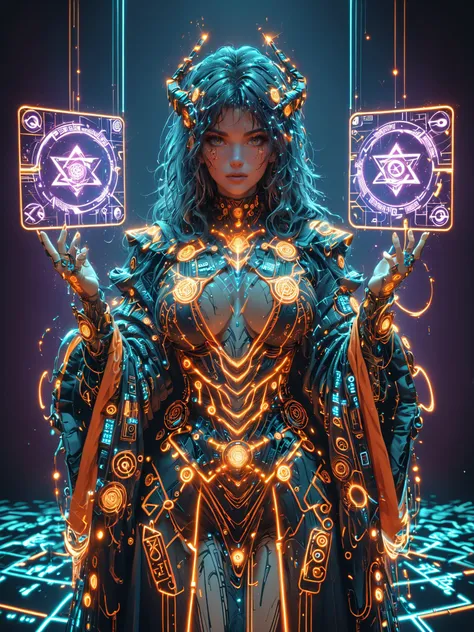 woman, (mad-hrmtcwzrd:1.4), (mad-cyberspace:1.4), Spell rings made of futuristic runes, futuristic robe, orange ornaments, cyberpunk, purple outlines, scifi, 1980s, retro<lora:Neon_Cyberpunk_SDXL_Hermetic_Wizard:0.6> <lora:Neon_Cyberpunk_SDXL_-_Cyberspace:0.6> __oliver/body_pose__ <lora:Fantasy_Wizard__Witches_SDXL:0.6> <lora:XL_Weapon_Ring_Spells_-_By_HailoKnight:0.6> digital shapes in the background, (masterpiece:1.2), best quality, (hyperdetailed, highest detailed:1.2), high resolution textures