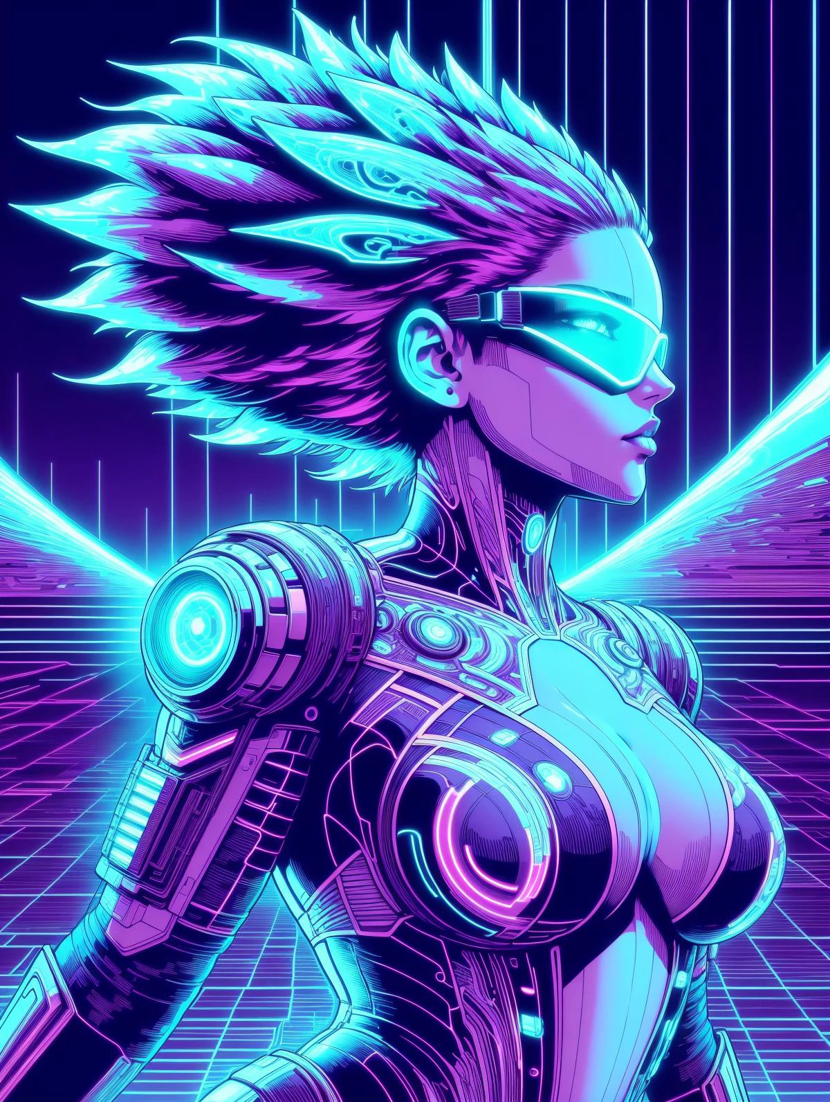 woman by aaron horkey, Neon Lavender glowing outlines, Neon Lime coloring, dynamic pose, grid, cyberpunk, 1980s, retro, scifi<lora:Neon_Cyberpunk_Cyberspace_SD1.5:0.8>, (masterpiece:1.2), best quality, (hyperdetailed, highest detailed:1.2), high resolution textures