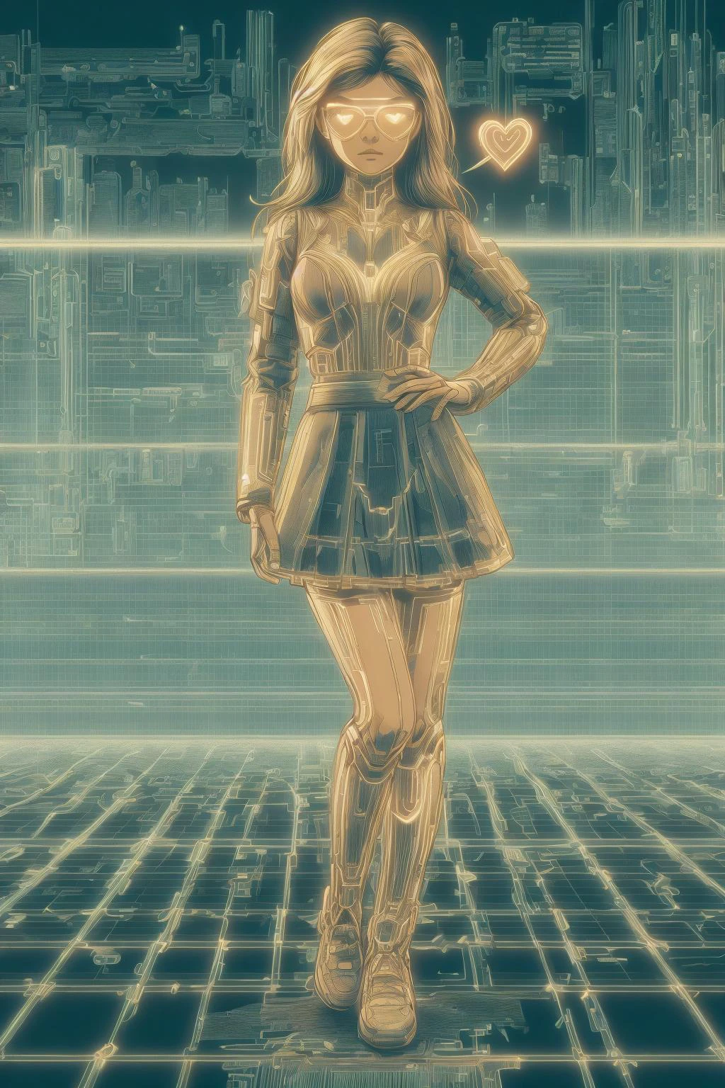 <lora:Neon_Cyberpunk_Cyberspace_SD1.5:1>mad-cyberspace, girl, cute, nerdy, hearts, skirt