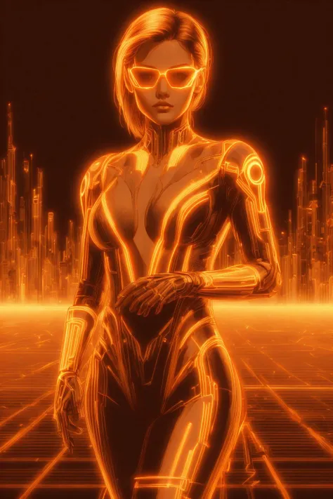 <lora:Neon_Cyberpunk_Cyberspace_SD1.5:1>mad-cyberspace, cool looking girl, golden glow, suit, gloves, cuybernetics