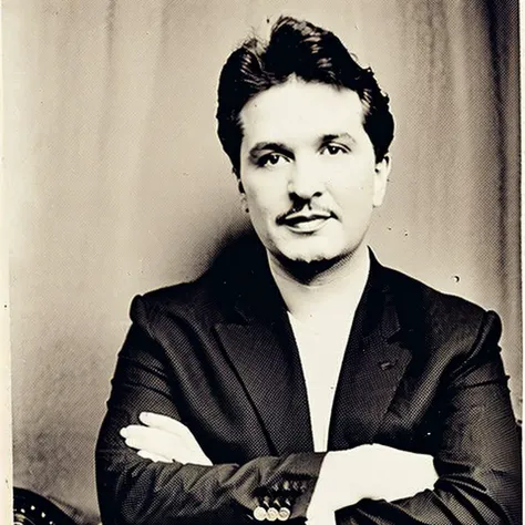 a black and white photo of a man sitting in a chair with his arms crossed