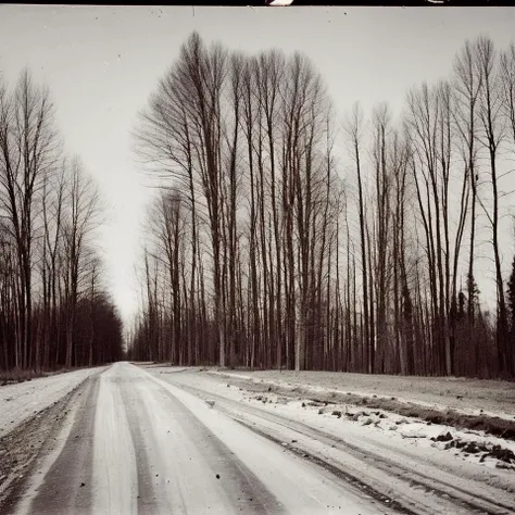a dirt road in a field with trees on both sides and a sign on the other side of the road