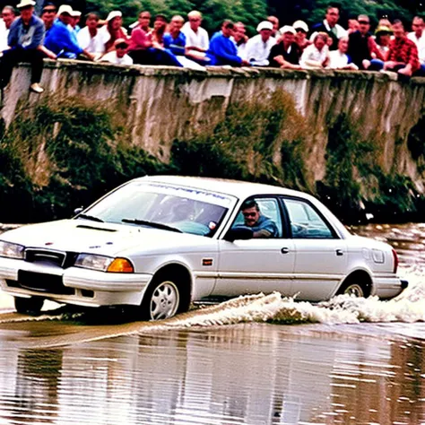 a white car driving through a river with people watching from the side of the road