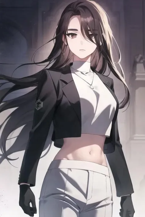 <lora:The_Novels_Extra:1>, 1girl, solo, boss girl, black jacket, white crop top, white pants, black gloves