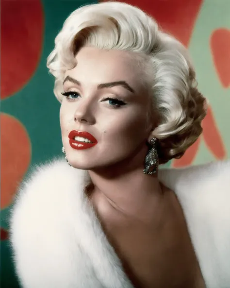 marilynmonroe <lora:marilynmonroe:0.6>, Best quality, masterpiece, ultra high res, (photorealistic:1.4), 1girl, a woman with a red lipstick and a white fur coat on her head and a velvet background