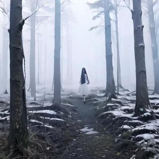 ((masterpiece)),(best quality), absurdres,sadako_yamamura,red eyes, white dress,<lora:Sadakobest:0.8>, <lora:liminalSpace_v10:1>,liminalspaces,forest,alot of fog,blue palette, dramatic shadow,