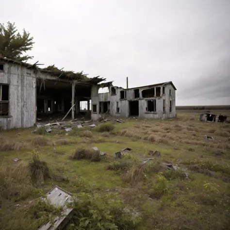 <lora:liminalspaces2:1>, liminalspaces,
A weathered, abandoned farm with crumbling buildings and overgrown fields. The sense of isolation and nostalgia is palpable as the camera explores the forgotten space.