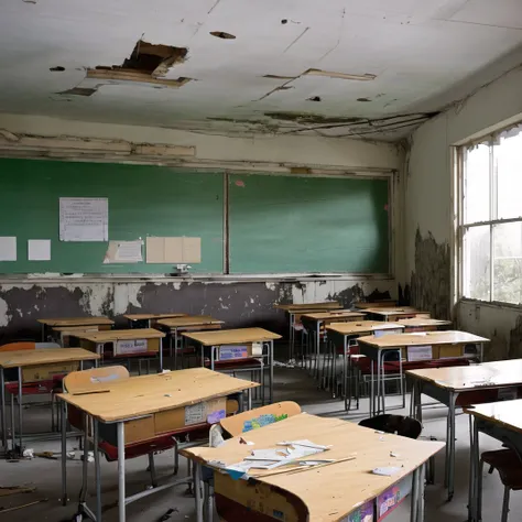 <lora:liminalspaces768:1> , liminalspaces, A dilapidated schoolhouse, its classrooms filled with overturned desks and broken chalkboards, the walls adorned with disturbing children's drawings.