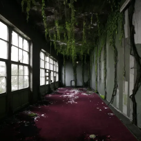 <lora:liminalspaces768:1> , liminalspaces, A decrepit mansion, its cracked windows and overgrown vines casting eerie shadows on the bloodstained carpets within.